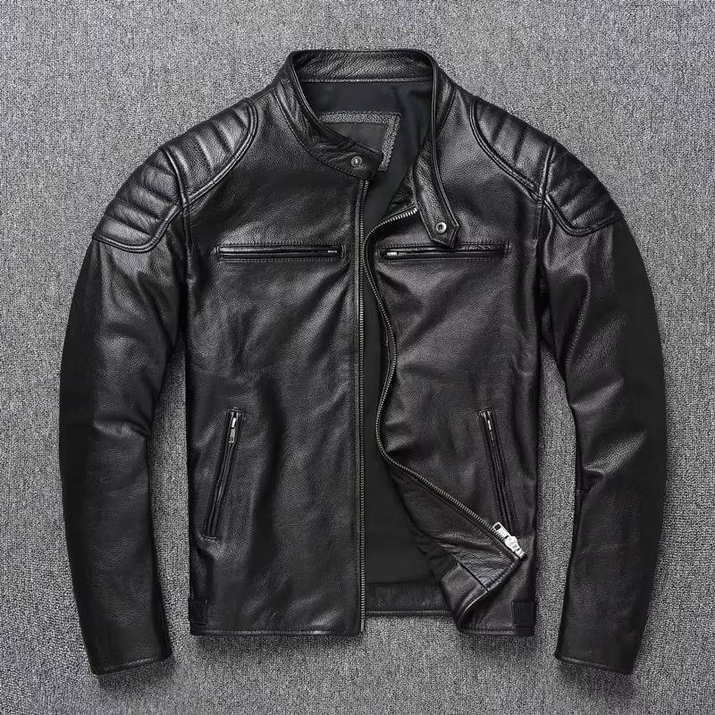 Quilted Leather Motorcycle Jacket with Snap Collar and Zip Pockets for Men