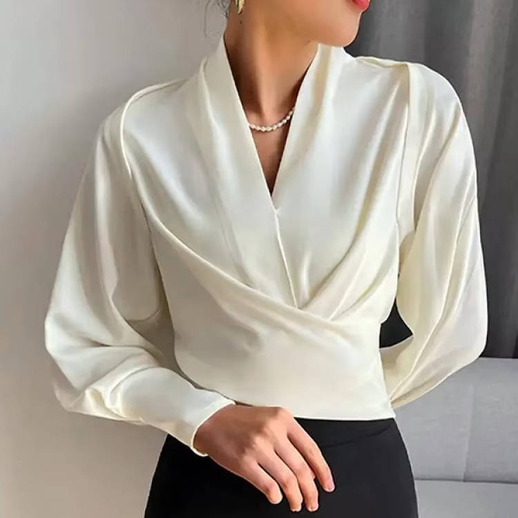 Long Sleeve Silk Blouse with V Neck for Work Or Evening