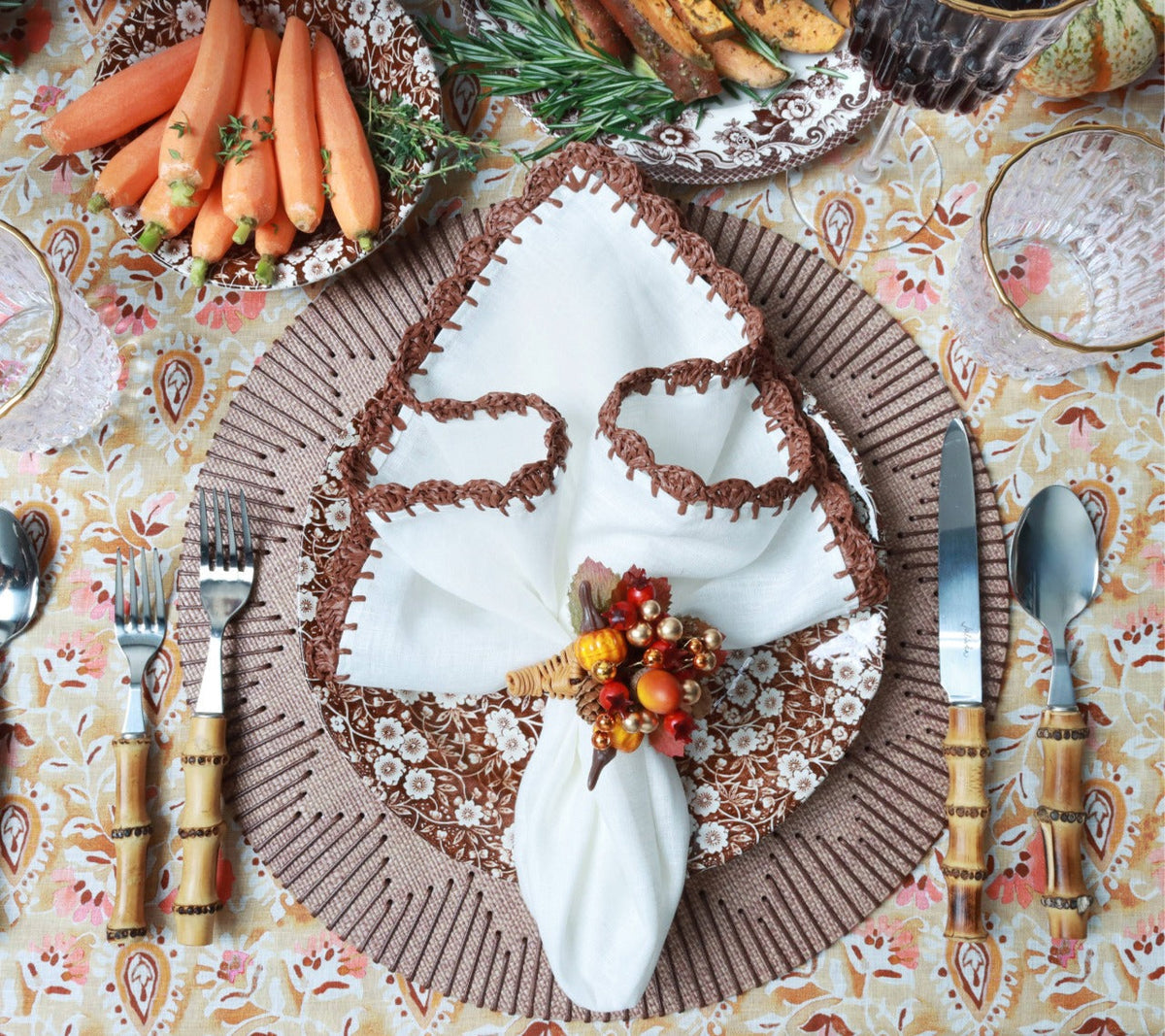 Harvest Cornucopia Napkin Ring Set with Raised Berries and Pumpkins, Pack of 4