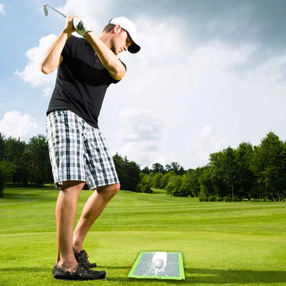 "Durable golf training mat showing swing path divots, ideal for indoor/outdoor use with robust tear-resistant material."