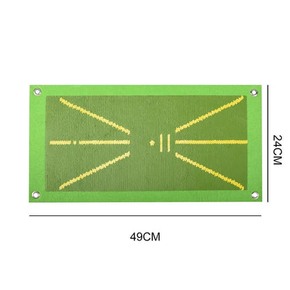 "Durable golf training mat showing swing path divots, ideal for indoor/outdoor use with robust tear-resistant material."