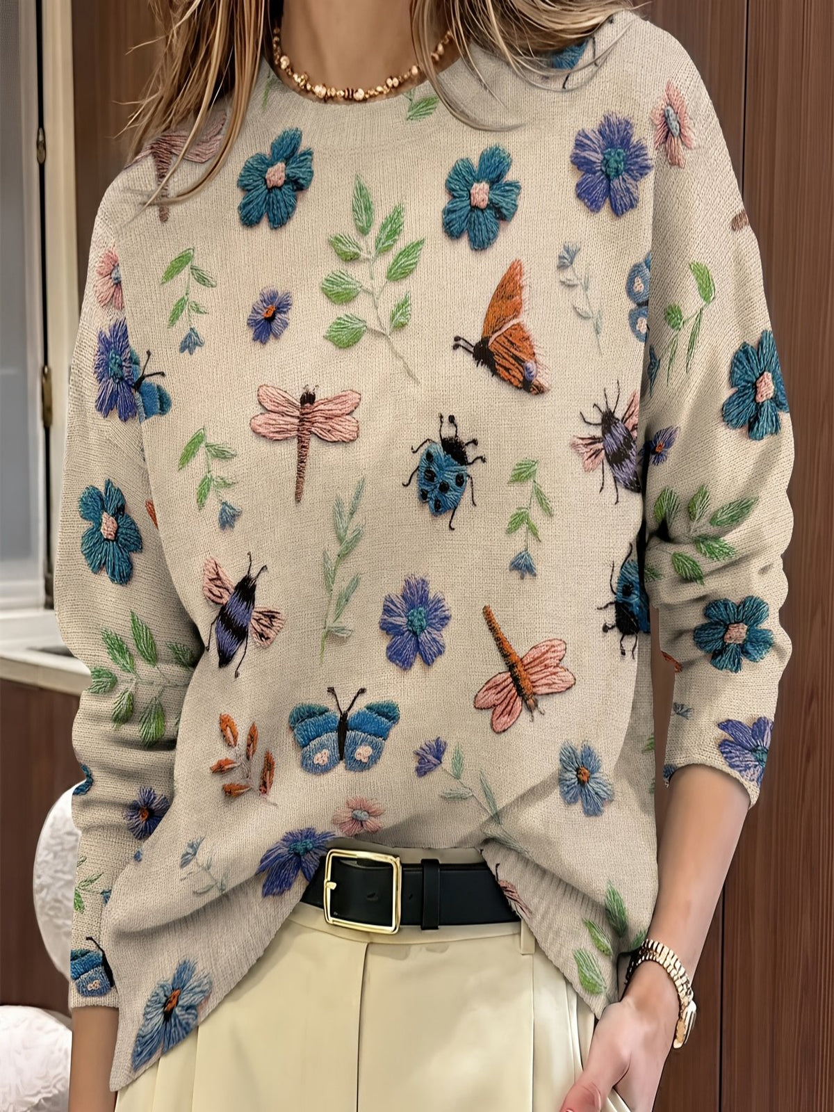 Womens Botanical Crewneck Sweater with Floral and Butterfly Print