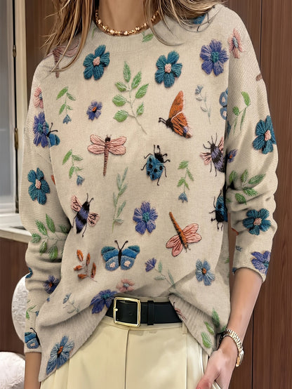 Womens Botanical Crewneck Sweater with Floral and Butterfly Print