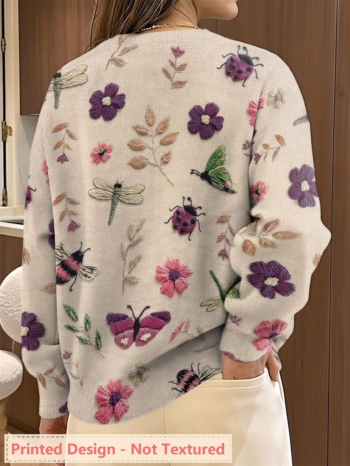 Womens Botanical Crewneck Sweater with Floral and Butterfly Print