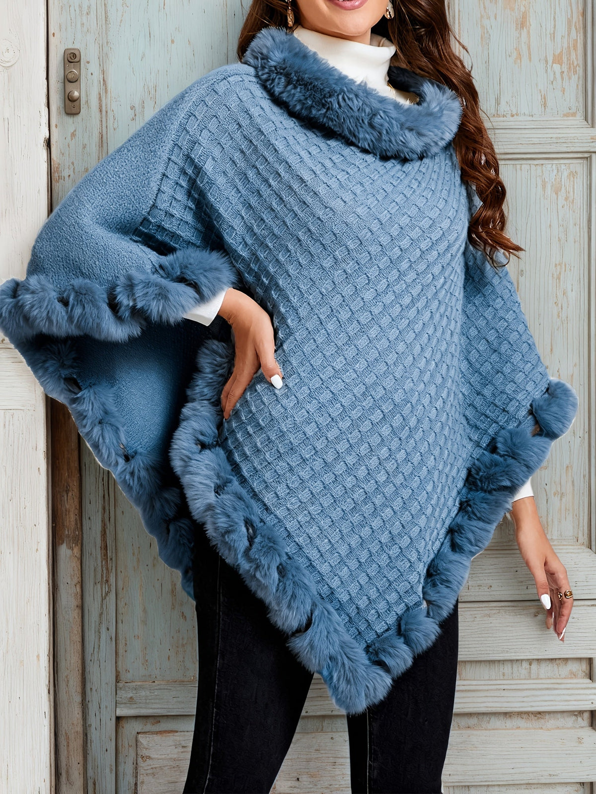 Knit Poncho with Fur Trim Edge and Relaxed Drape Fit