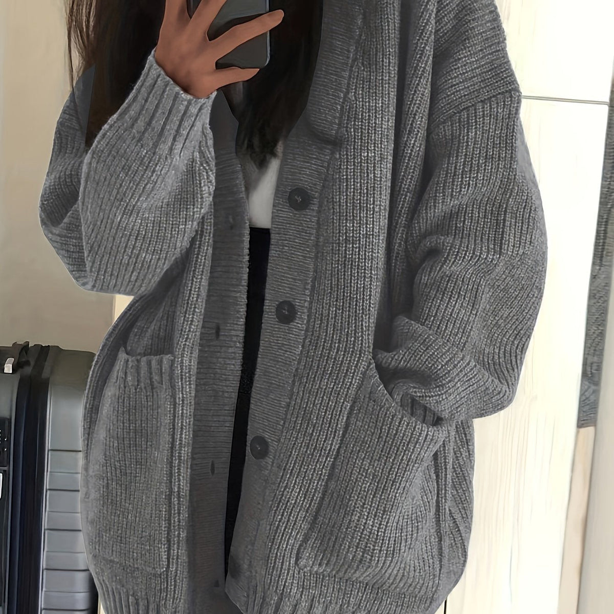 Chunky Ribbed Cardigan with Button Front Closure and Hip Pockets