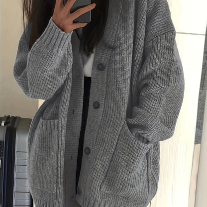 Chunky Ribbed Cardigan with Button Front Closure and Hip Pockets