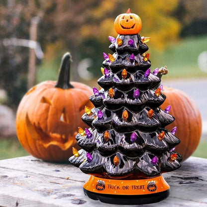 LED Ceramic Tree with Purple and Orange Beads, Battery-Powered Holiday Decor