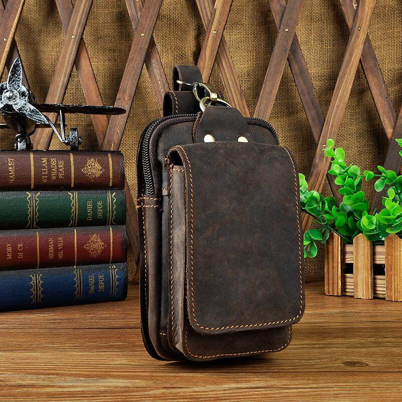 Cowhide Waist Pack with Magnetic Flap and Adjustable Elastic Strap