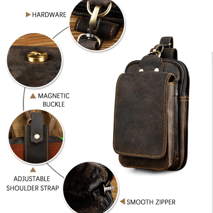 Cowhide Waist Pack with Magnetic Flap and Adjustable Elastic Strap