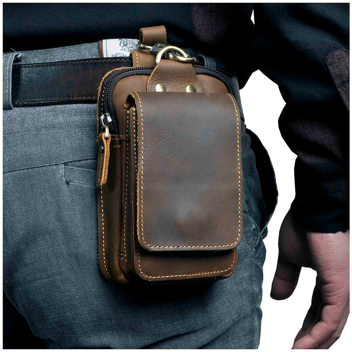 Cowhide Waist Pack with Magnetic Flap and Adjustable Elastic Strap