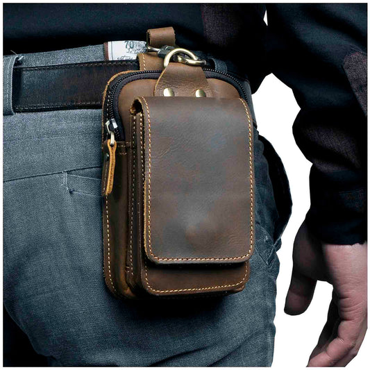 Cowhide Waist Pack with Magnetic Flap and Adjustable Elastic Strap