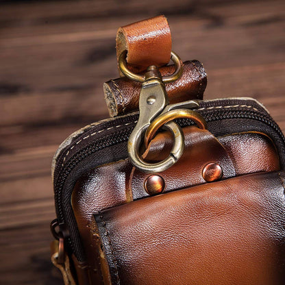 Cowhide Waist Pack with Magnetic Flap and Adjustable Elastic Strap