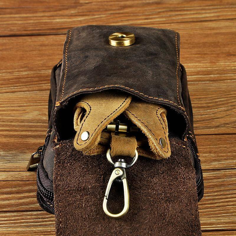 Cowhide Waist Pack with Magnetic Flap and Adjustable Elastic Strap