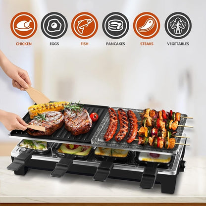 Electric Grill with Reversible Non-Stick Plate and Raclette Trays for Indoor Cooking