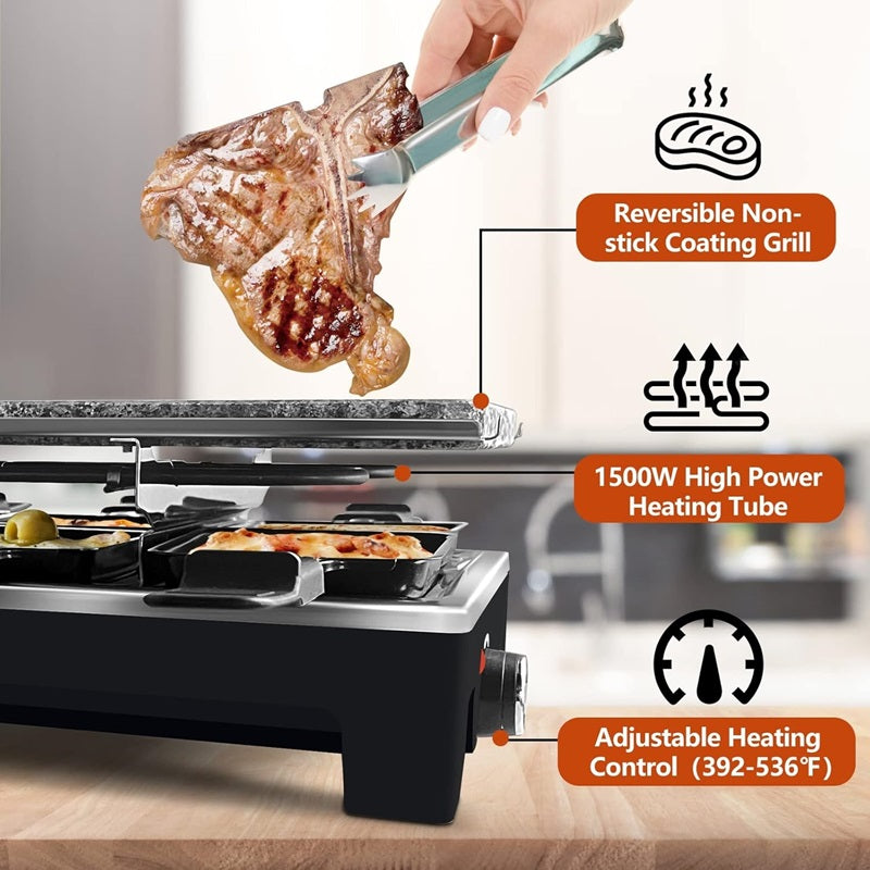 Electric Grill with Reversible Non-Stick Plate and Raclette Trays for Indoor Cooking