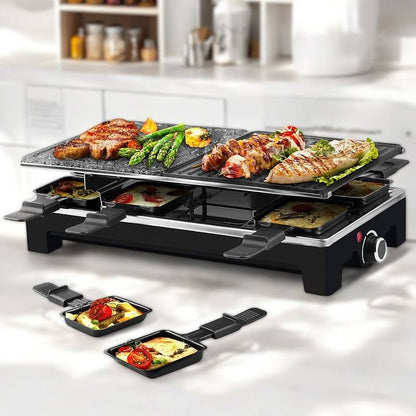 Electric Grill with Reversible Non-Stick Plate and Raclette Trays for Indoor Cooking