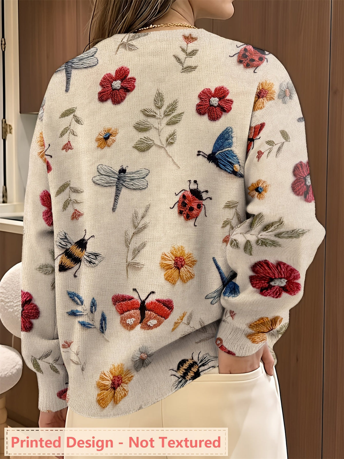 Womens Botanical Crewneck Sweater with Floral and Butterfly Print
