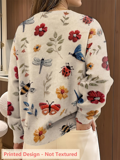Womens Botanical Crewneck Sweater with Floral and Butterfly Print