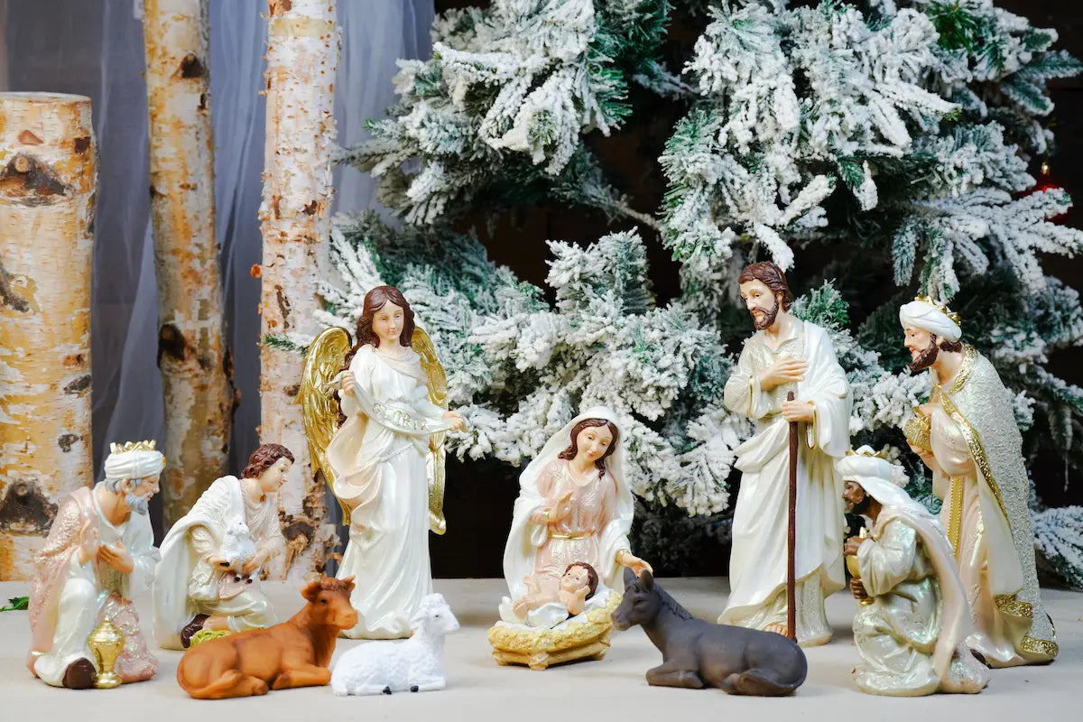 Eleven Piece Blush Pink and Ivory Resin Nativity Set with a Gloria Angel and Pearl Finish in Three Heights
