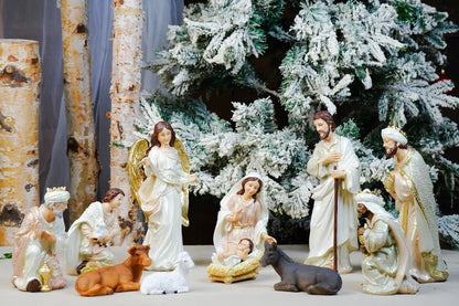 Eleven Piece Blush Pink and Ivory Resin Nativity Set with a Gloria Angel and Pearl Finish in Three Heights