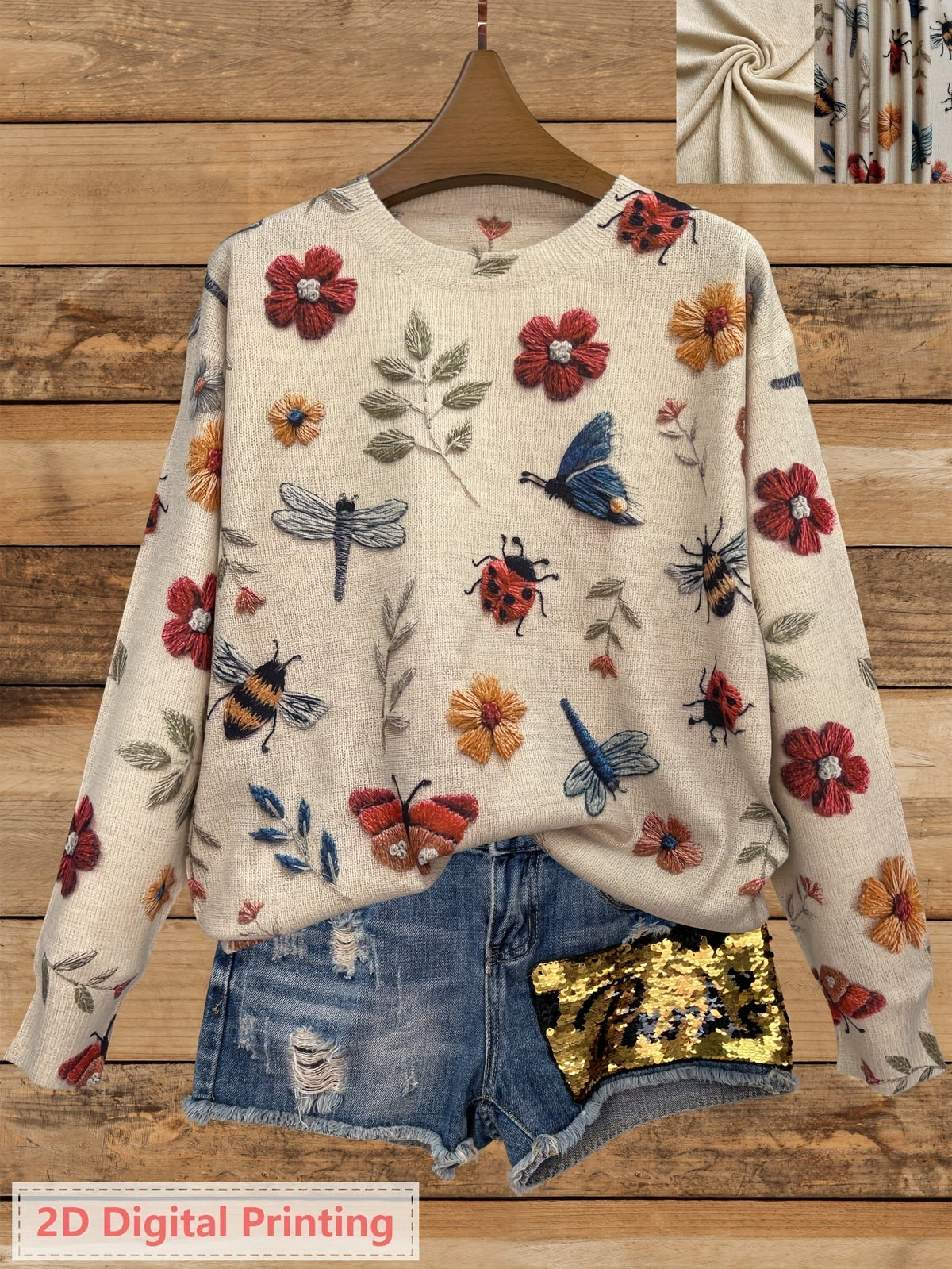 Womens Botanical Crewneck Sweater with Floral and Butterfly Print
