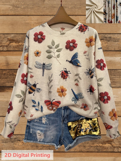 Womens Botanical Crewneck Sweater with Floral and Butterfly Print