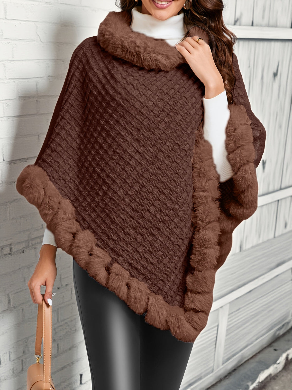 Knit Poncho with Fur Trim Edge and Relaxed Drape Fit