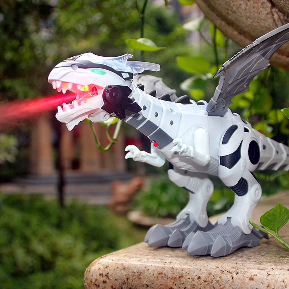 Fire Spraying Dragon Toy That Walks Roars and Flaps Its Wings in White Or Green