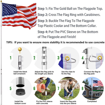 25FT Heavy Duty Telescopic Flag Pole with U.S. Flag Ball