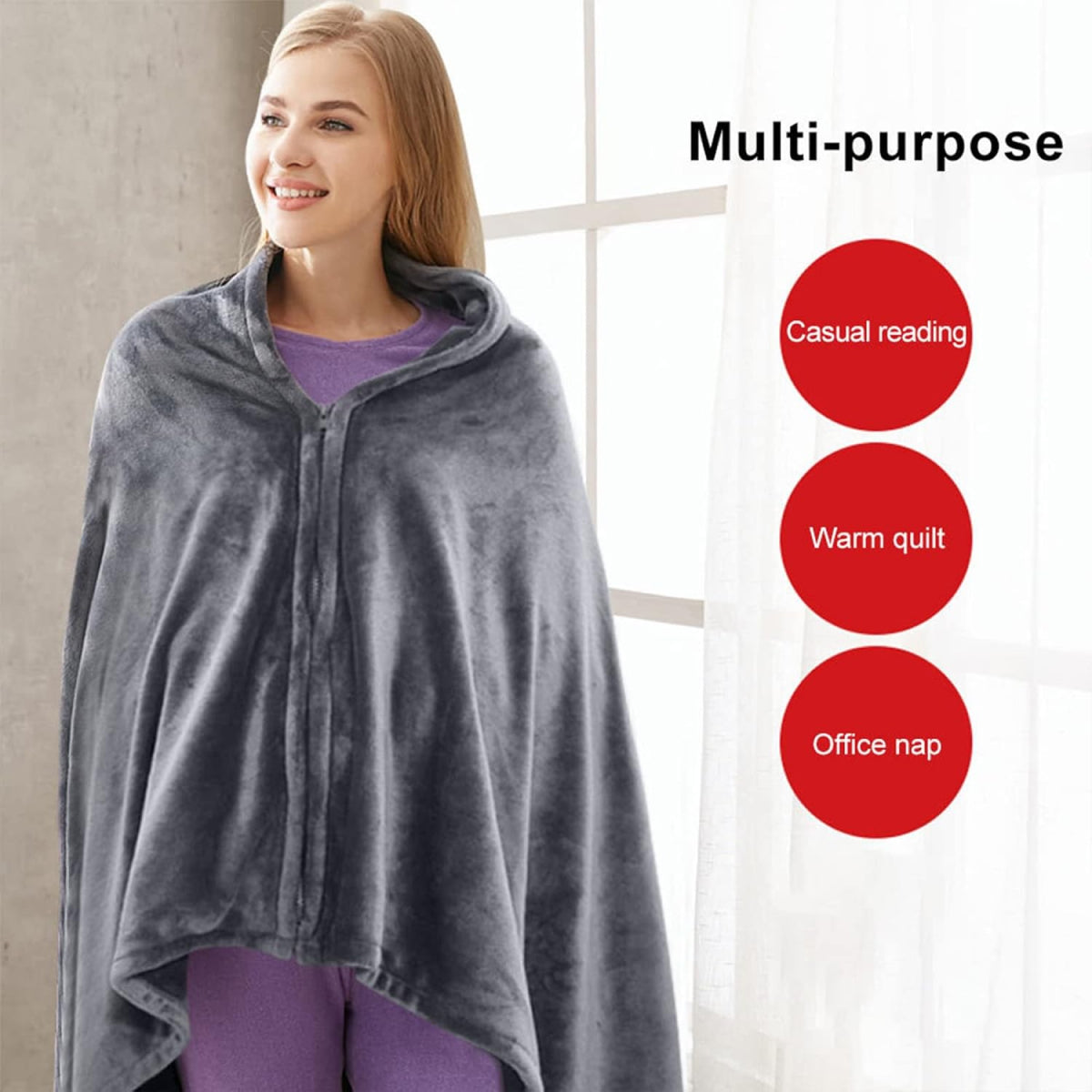 Heated Shawl with Zipper and Three Temperature Settings, Machine Washable