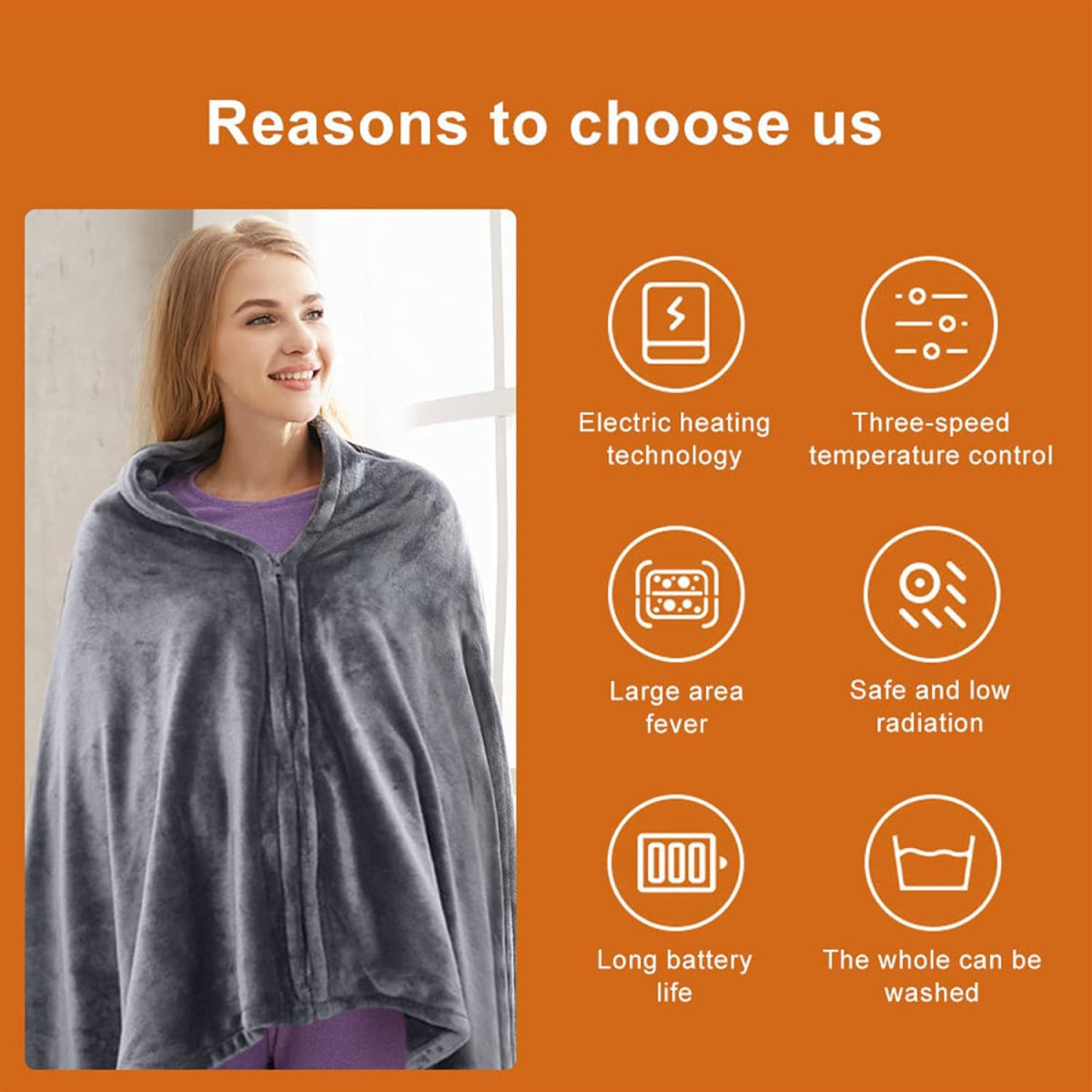 Heated Shawl with Zipper and Three Temperature Settings, Machine Washable