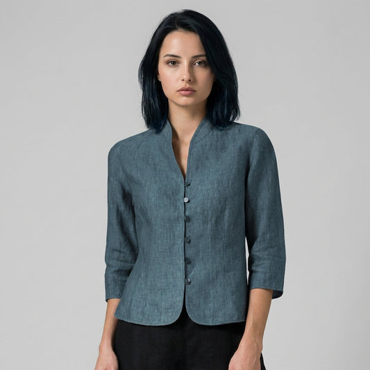 Womens Button Front Blouse with Stand Collar and Three Quarter Sleeves, Chambray Woven