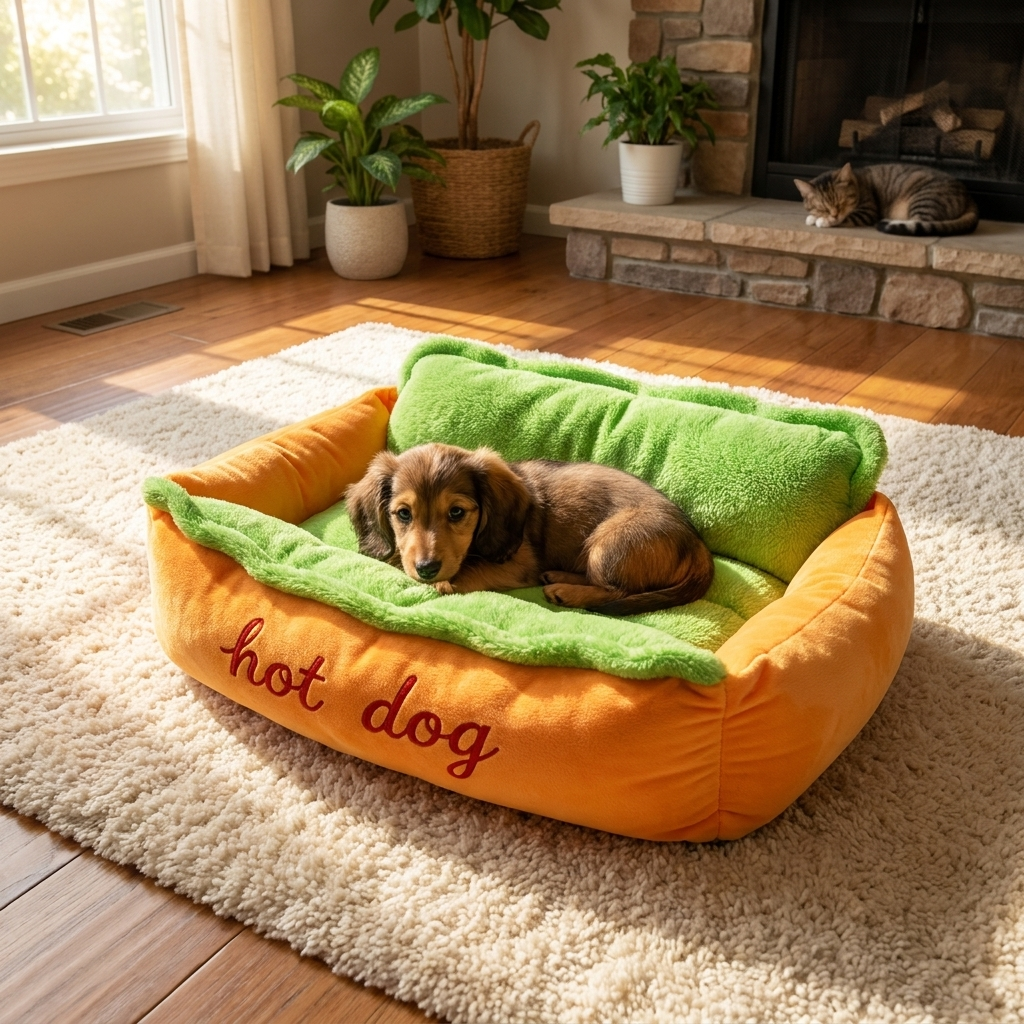 Dog Hot Dog Bed with Removable Plush Cushion and Raised Sides, Anti Slip Base