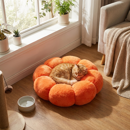 Plush Flower Pet Bed with Raised Petal Rim and Polyester Fill, Multiple Sizes