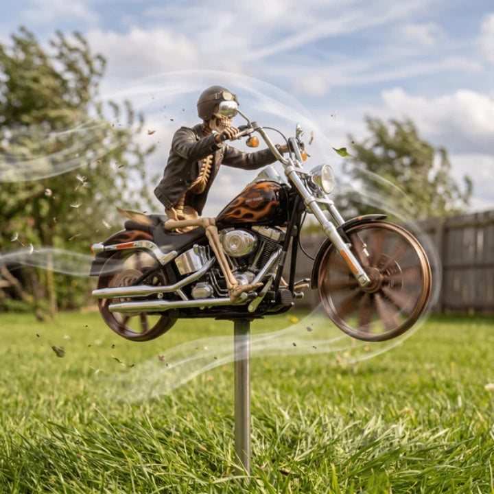Motorrad-Windrad mit Skelett-Fahrer für Garten -    Zorenza