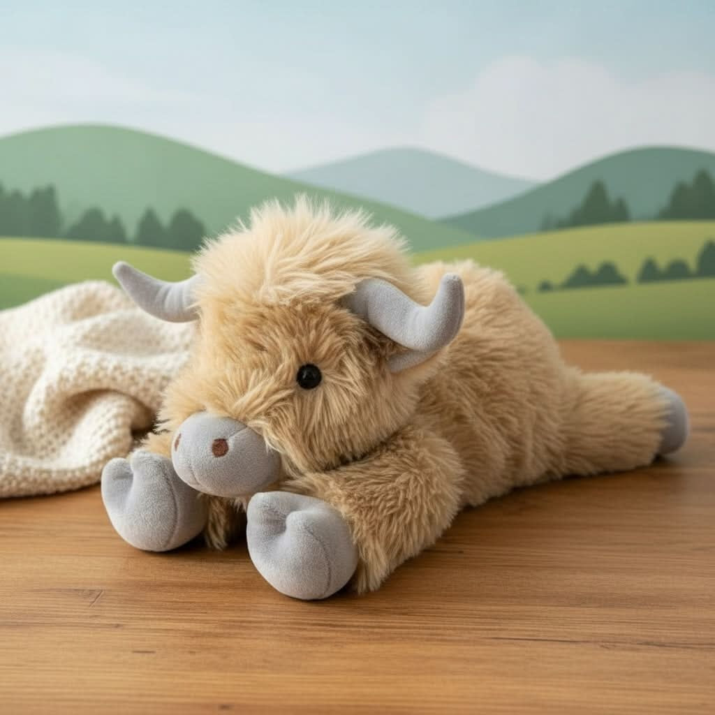 Highland Cow Plush Toy  Soft Brown Fluffy Farm Animal - Product showcase