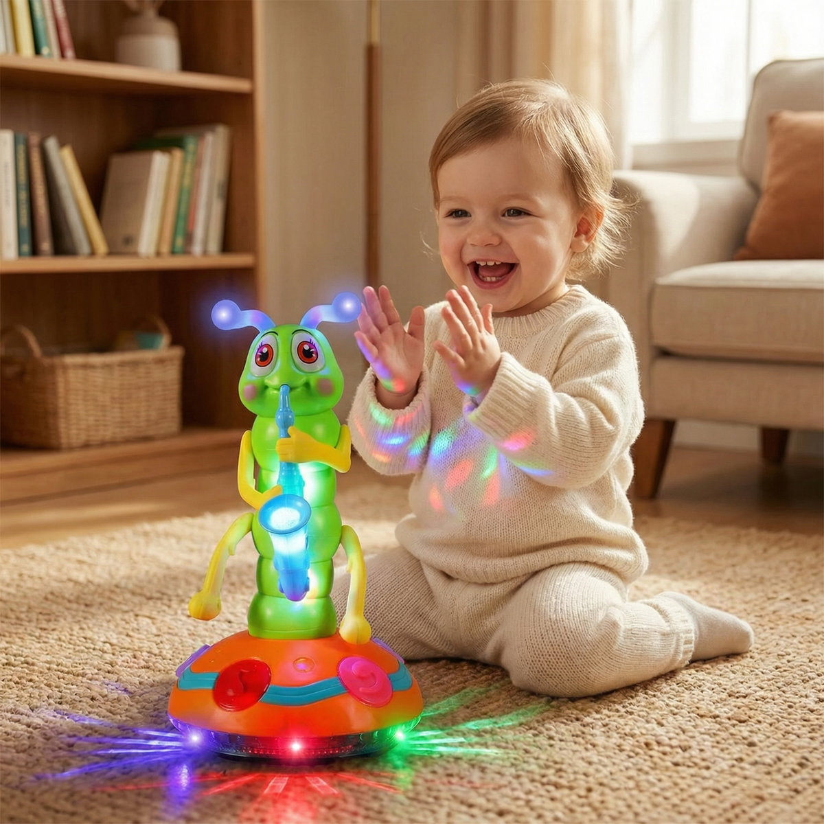 Dancing Saxophone Caterpillar Crawling Toy with Spinning Lights and Musical Motion