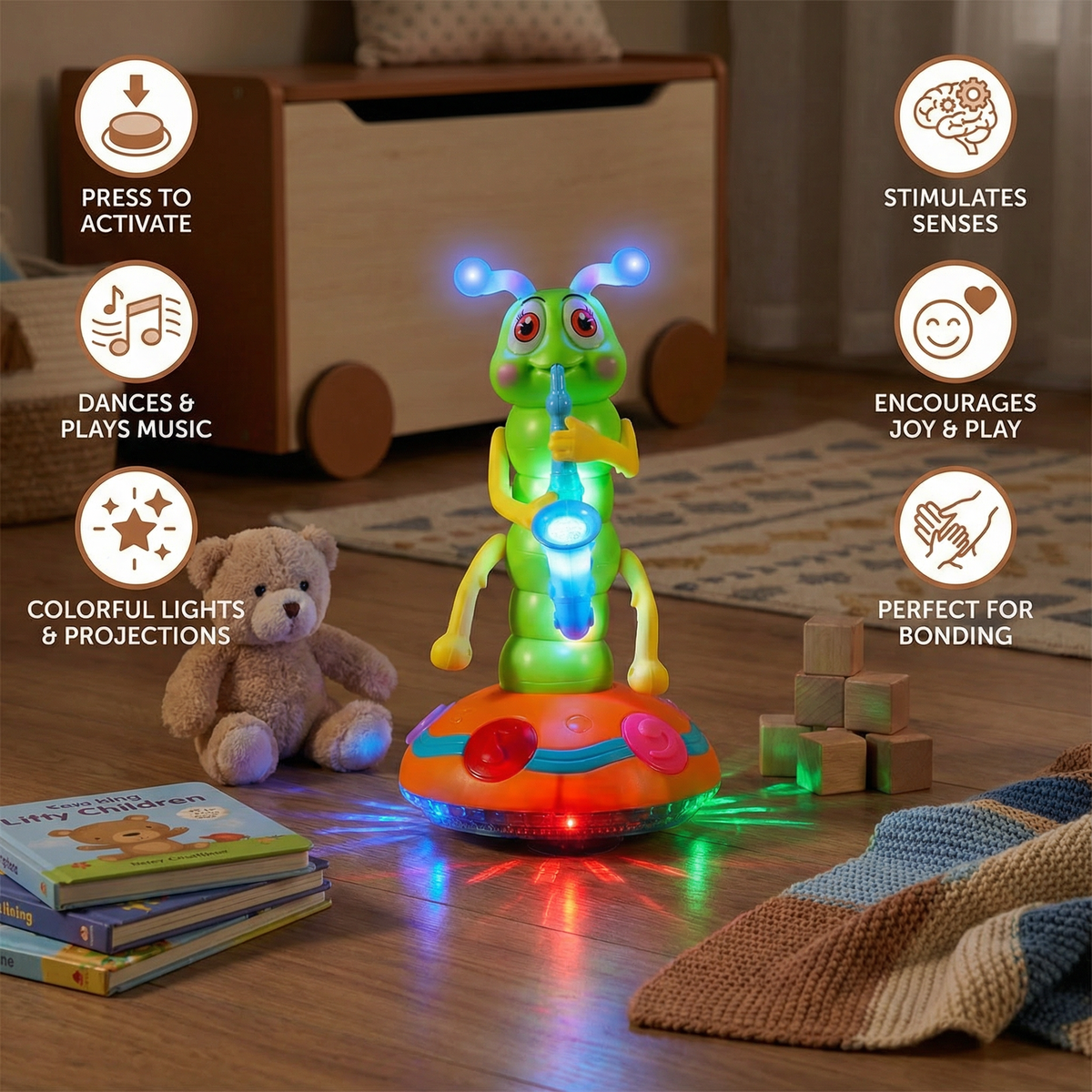 Dancing Saxophone Caterpillar Crawling Toy with Spinning Lights and Musical Motion