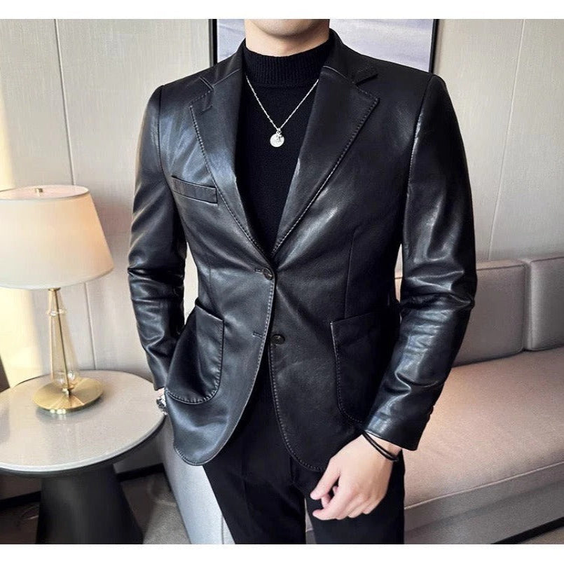 Genuine Leather Buttoned Blazer with Lapel Collar for Men