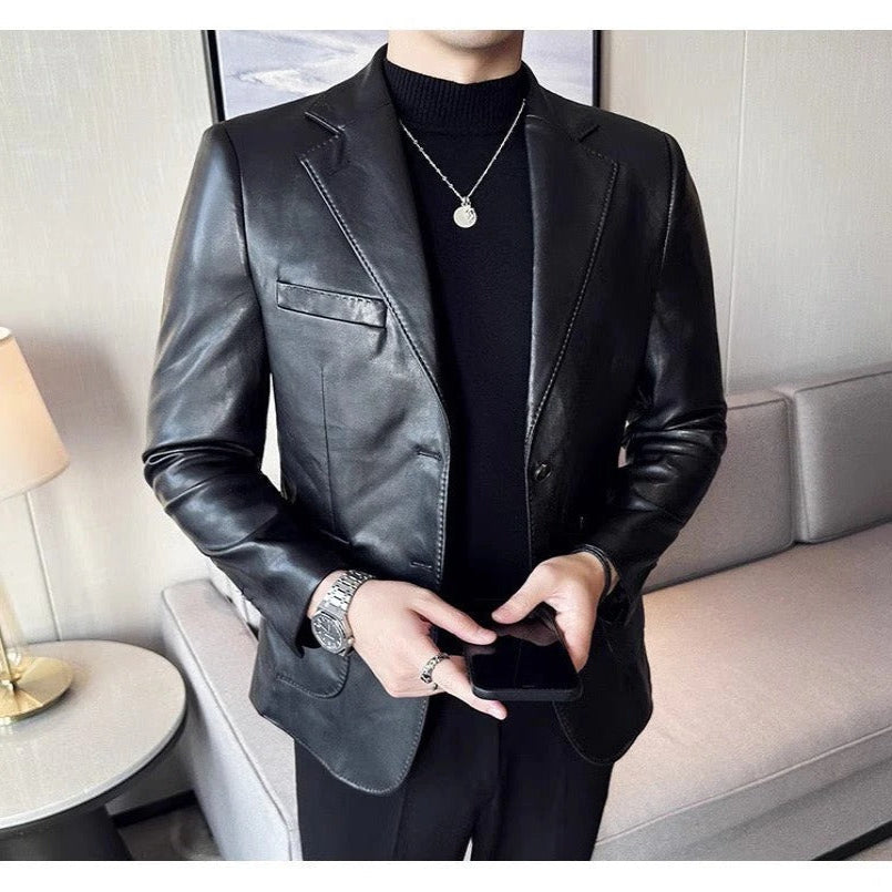 Genuine Leather Buttoned Blazer with Lapel Collar for Men