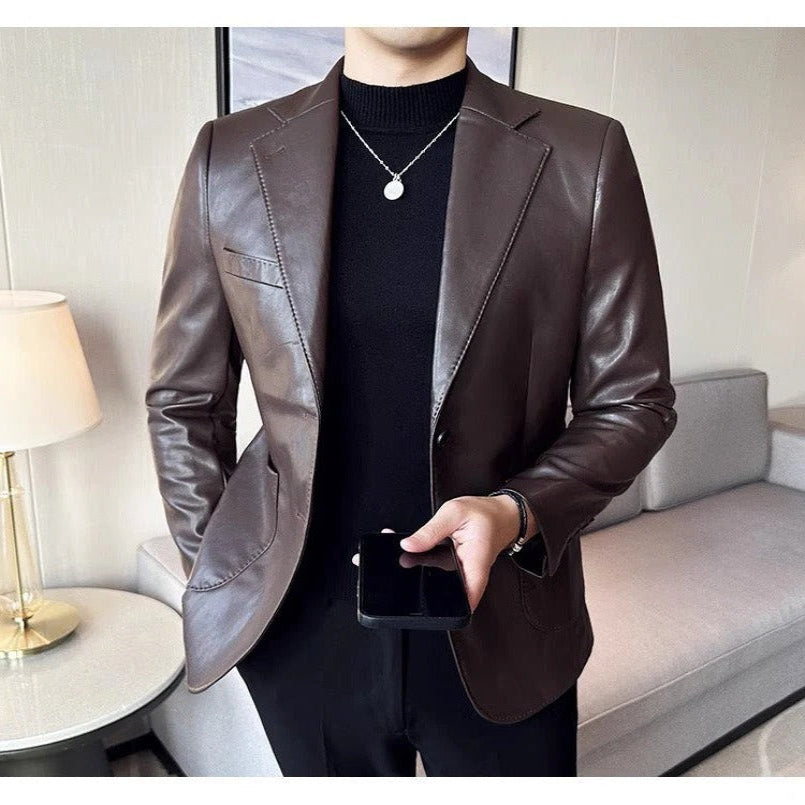 Genuine Leather Buttoned Blazer with Lapel Collar for Men
