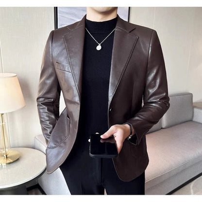 Genuine Leather Buttoned Blazer with Lapel Collar for Men
