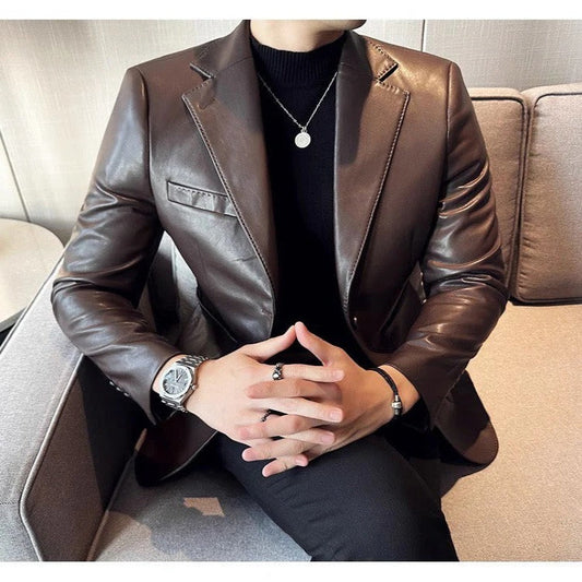Genuine Leather Buttoned Blazer with Lapel Collar for Men