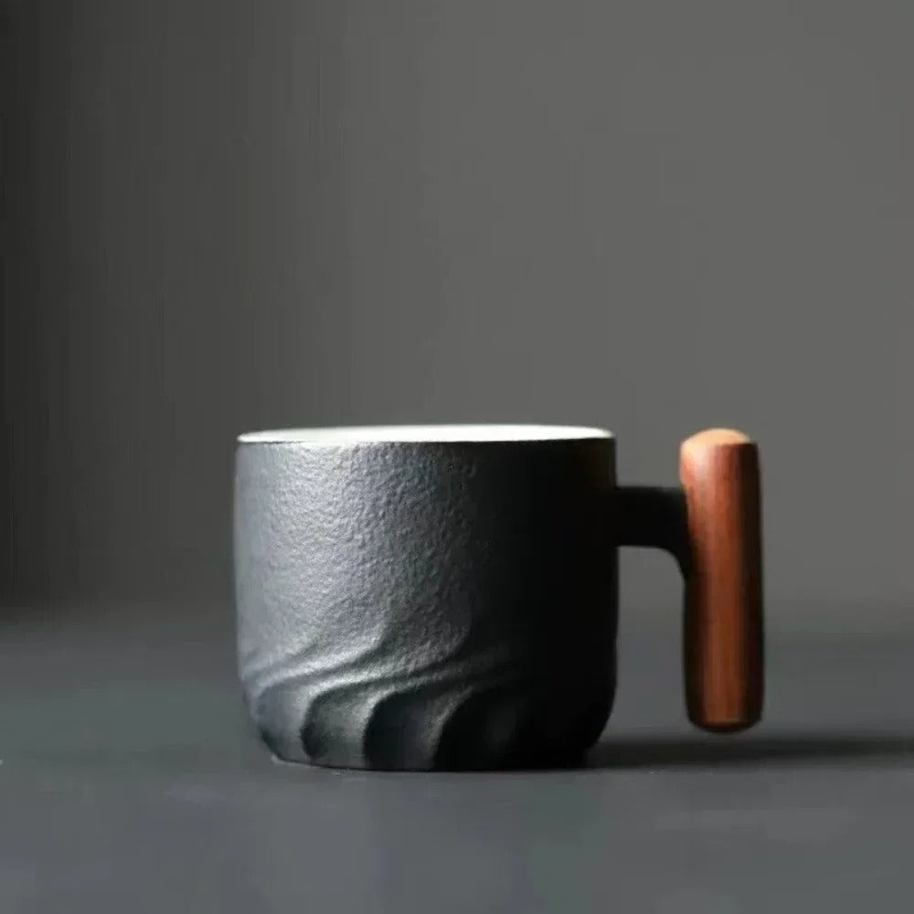Vintage Style Ceramic Espresso Cups with Natural Wooden Handle in 3 Colors