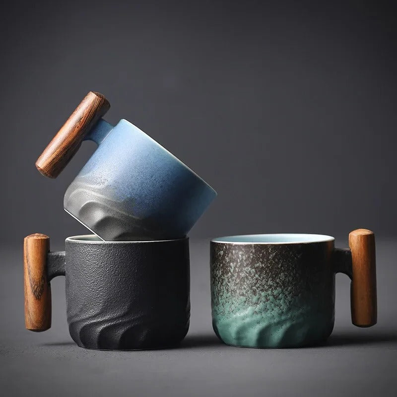 Vintage Style Ceramic Espresso Cups with Natural Wooden Handle in 3 Colors