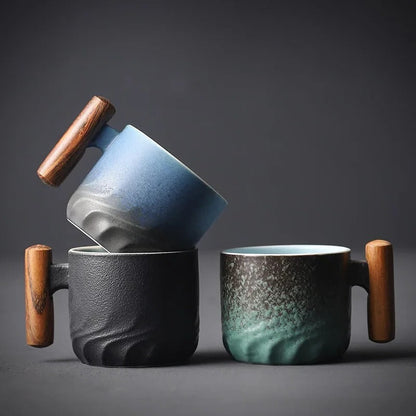 Vintage Style Ceramic Espresso Cups with Natural Wooden Handle in 3 Colors