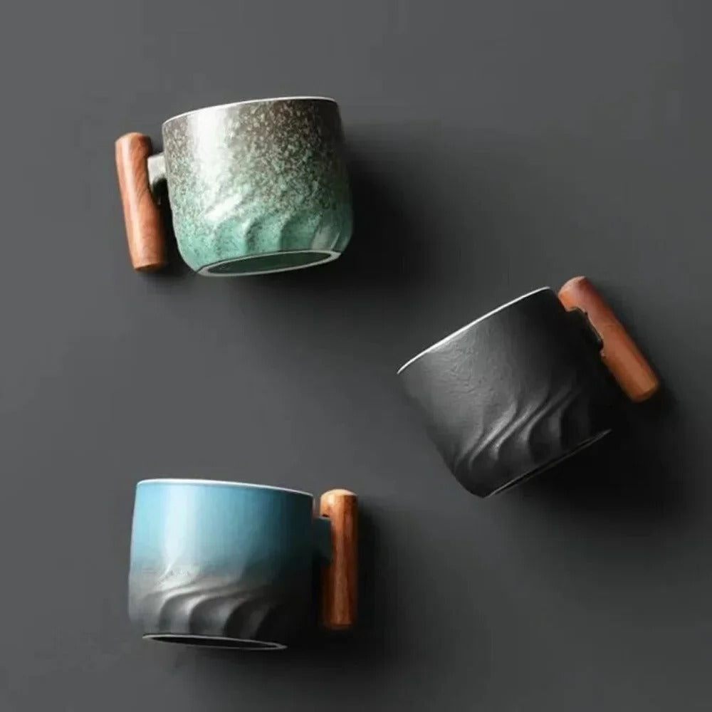 Vintage Style Ceramic Espresso Cups with Natural Wooden Handle in 3 Colors