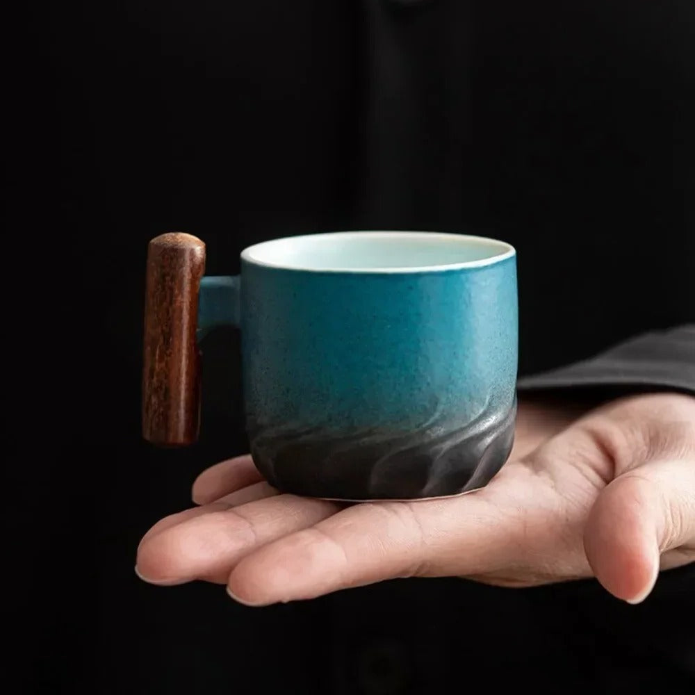 Vintage Style Ceramic Espresso Cups with Natural Wooden Handle in 3 Colors