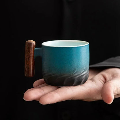 Vintage Style Ceramic Espresso Cups with Natural Wooden Handle in 3 Colors